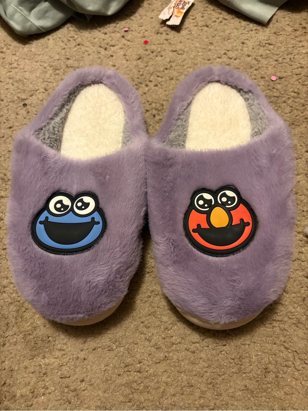 NWOT fuzzy purple Sesame Street Cookie Monster and Elmo slippers